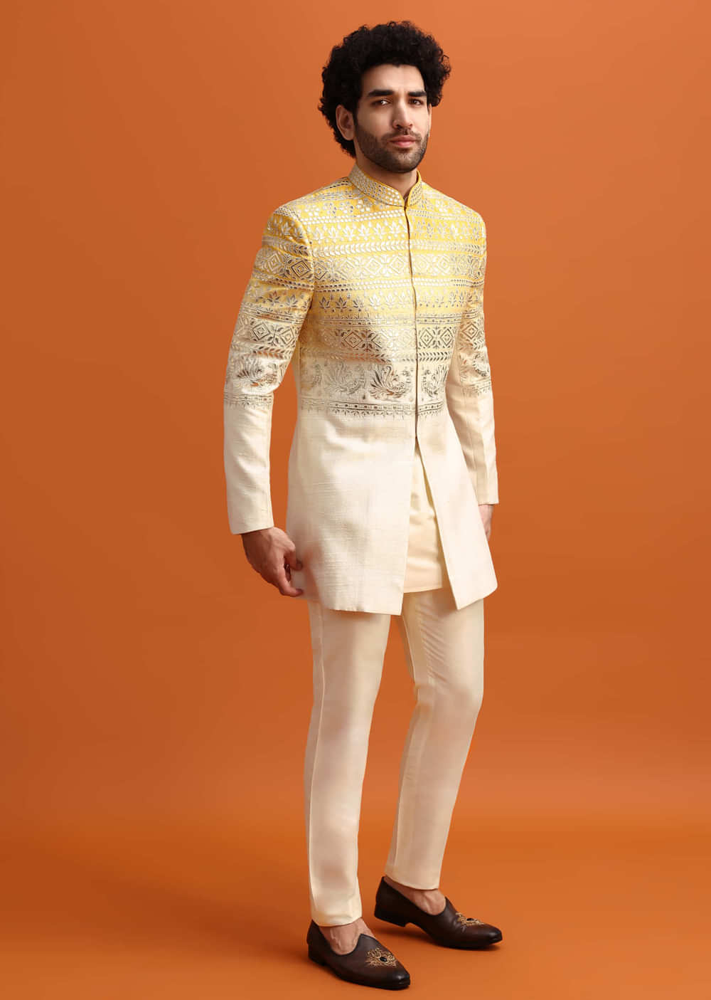 Yellow Ombre Indowestern Set With Foil Applique For Men