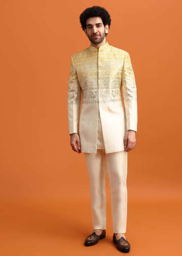 Yellow Ombre Indowestern Set With Foil Applique For Men