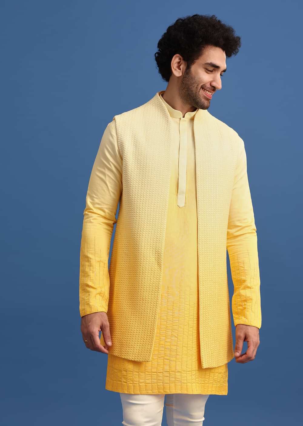 Yellow Ombre Silk Kurta Jacket Set With Zardozi Work