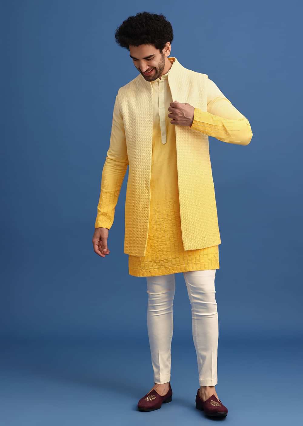 Yellow Ombre Silk Kurta Jacket Set With Zardozi Work