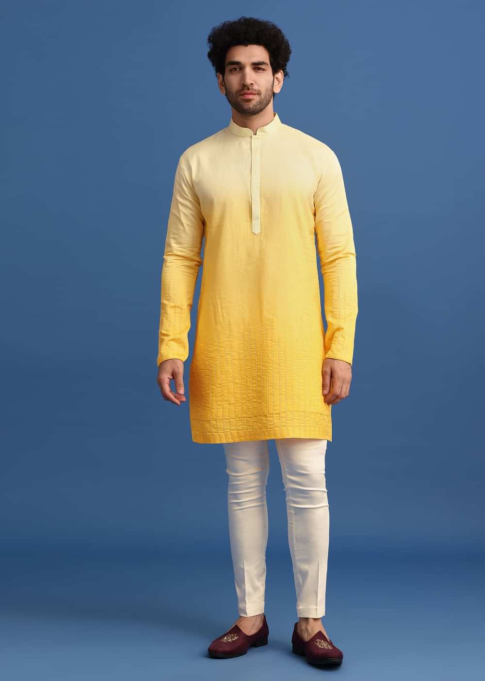 Yellow Ombre Silk Kurta Jacket Set With Zardozi Work