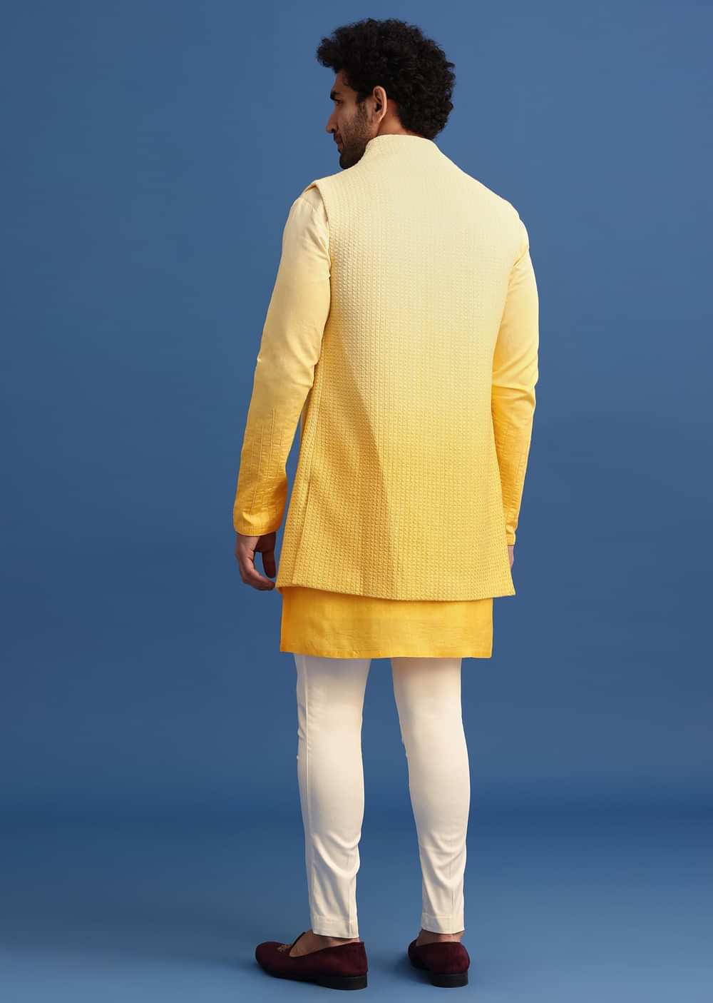 Yellow Ombre Silk Kurta Jacket Set With Zardozi Work