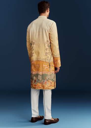 Yellow Ombre Silk Kurta Set With Floral And Animal Print Motifs
