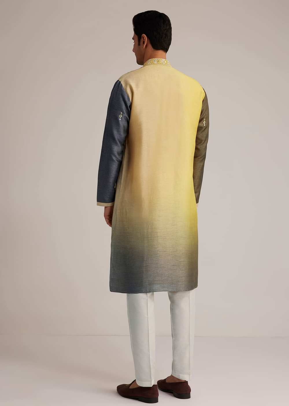 Yellow Ombre Silk Kurta Set With Mirror Work