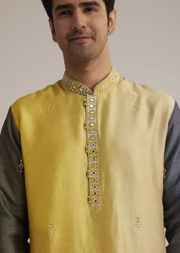 Yellow Ombre Silk Kurta Set With Mirror Work