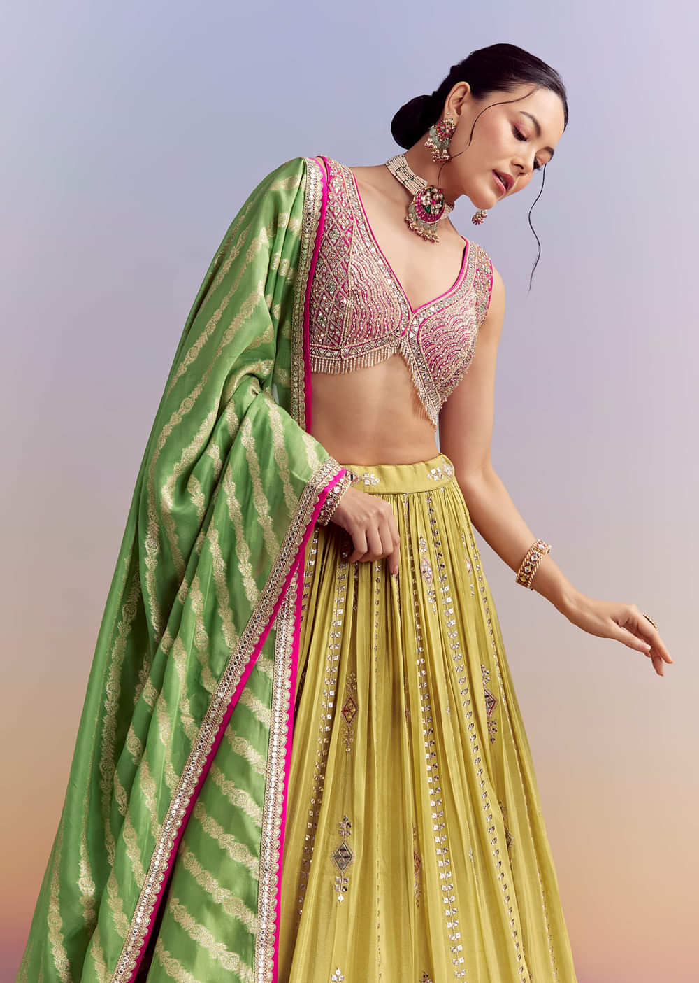 Yellow Organza Bridesmaid Lehenga With Brocade Silk Dupatta