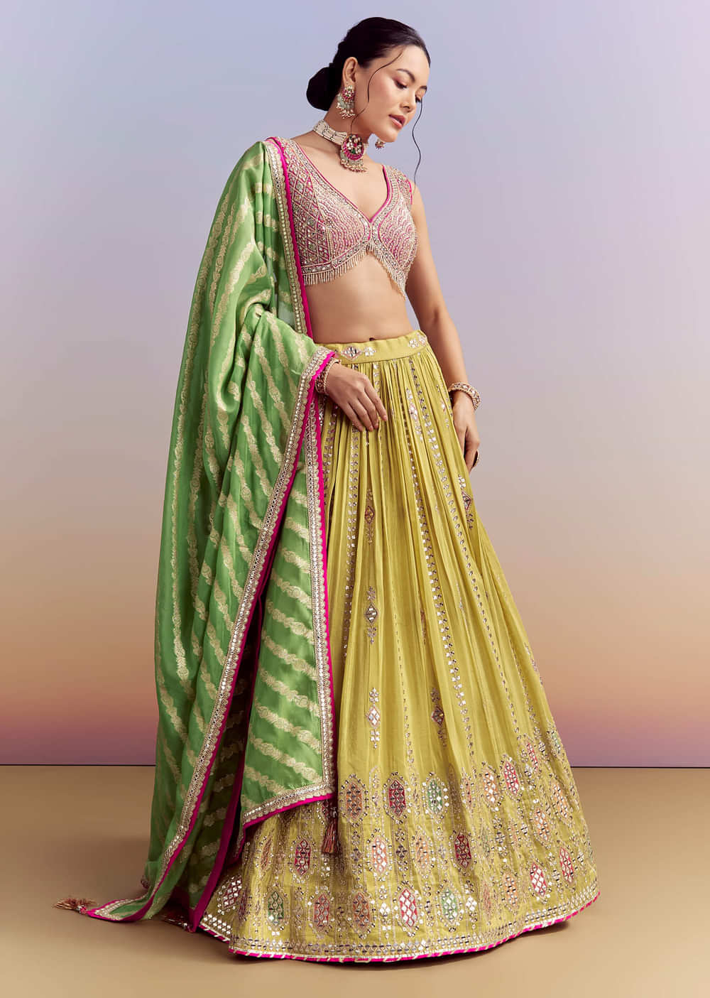 Yellow Organza Bridesmaid Lehenga With Brocade Silk Dupatta