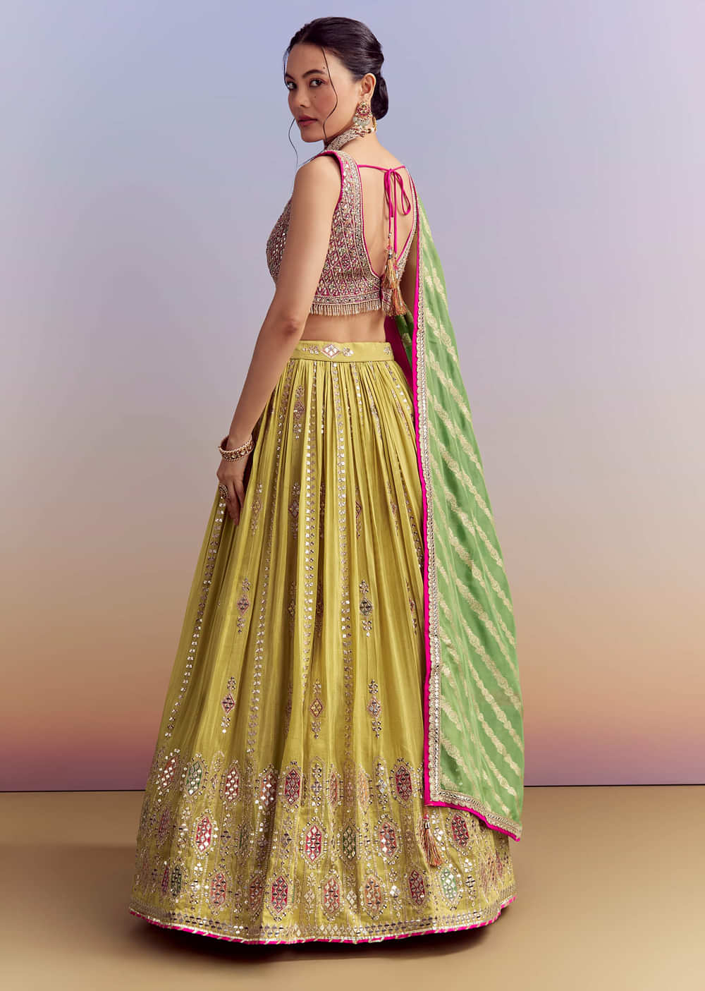 Yellow Organza Bridesmaid Lehenga With Brocade Silk Dupatta