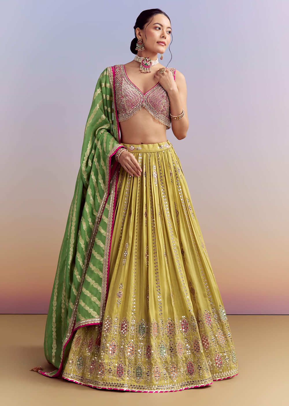Yellow Organza Bridesmaid Lehenga With Brocade Silk Dupatta