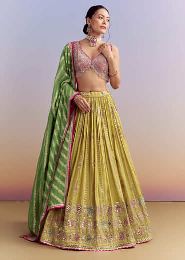 Yellow Organza Bridesmaid Lehenga With Brocade Silk Dupatta