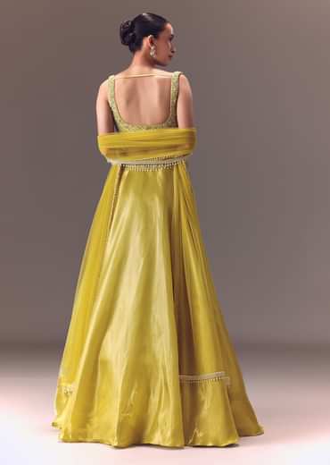 Yellow Organza Double Circular Lehenga Set With Hand Work