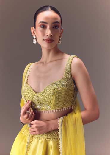 Yellow Organza Double Circular Lehenga Set With Hand Work