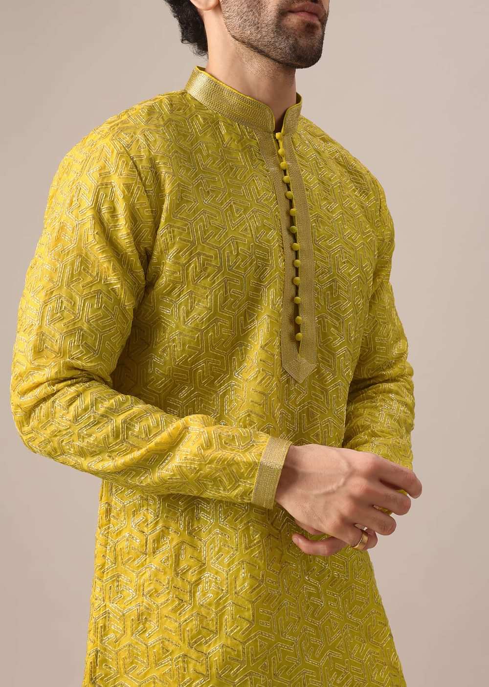 Yellow Organza Embroidered Kurta And Dola Silk Pant Set