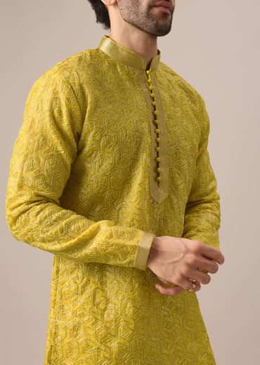 Yellow Organza Embroidered Kurta And Dola Silk Pant Set
