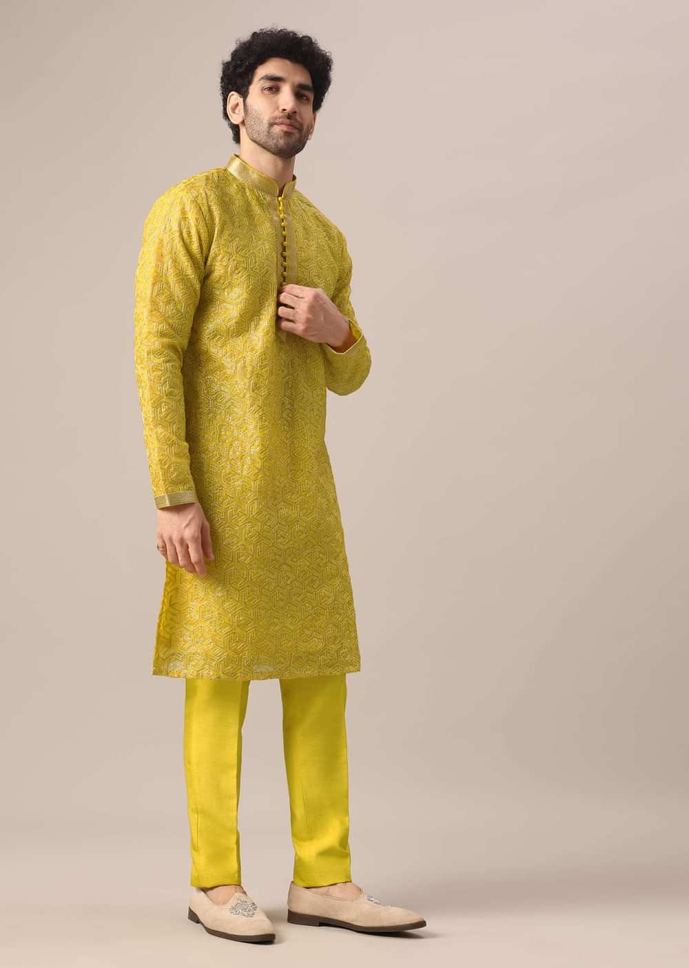 Yellow Organza Embroidered Kurta And Dola Silk Pant Set