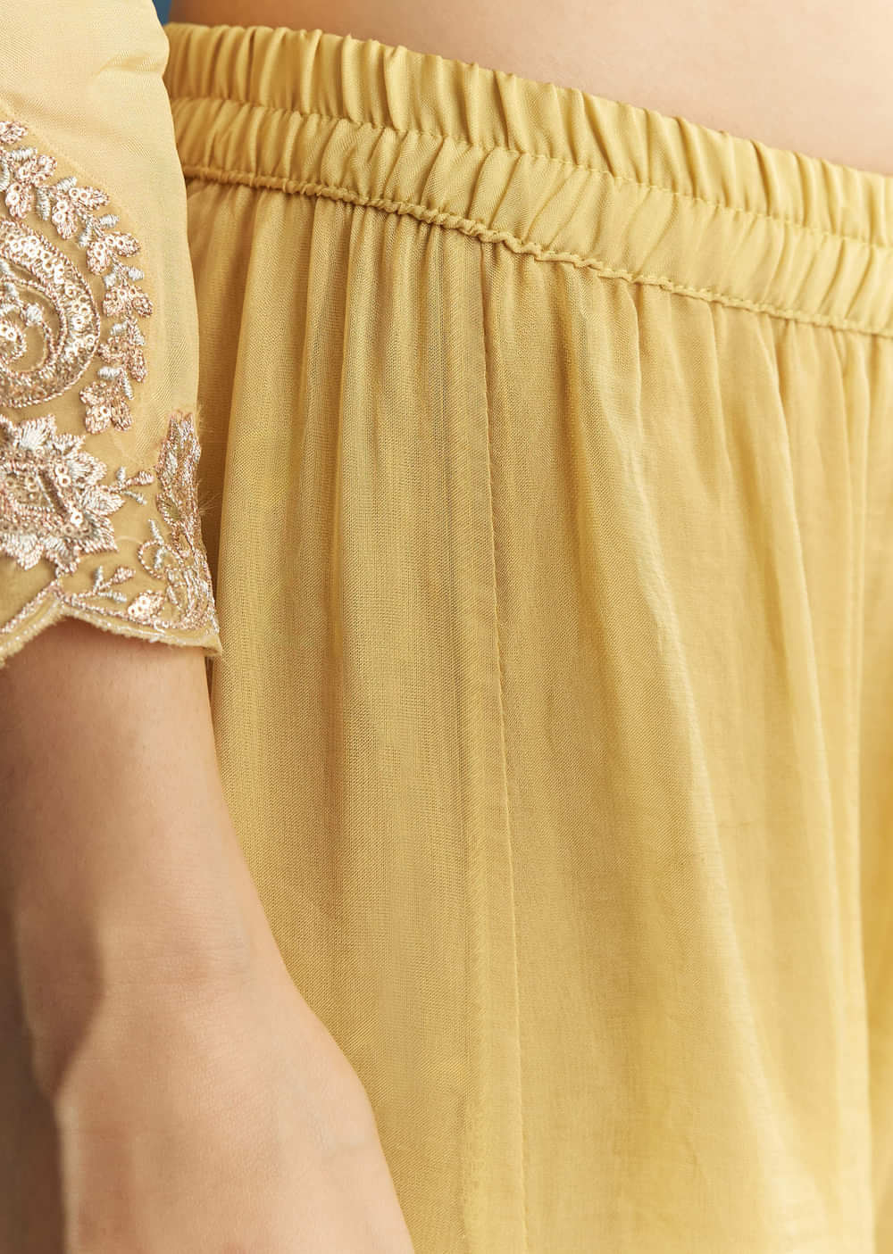 Yellow Organza Palazzo Suit With Zari And Mirror Embroidery