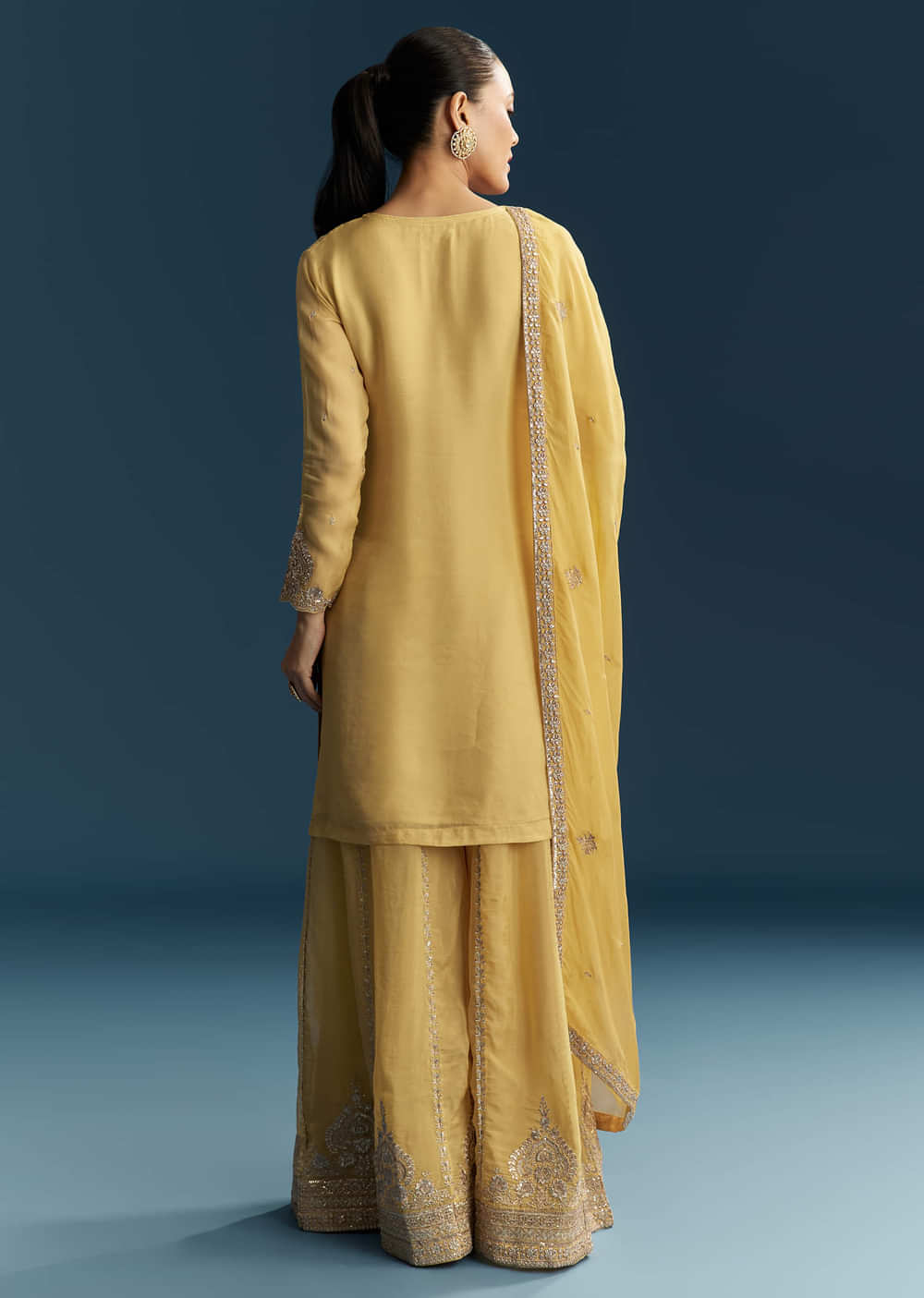 Yellow Organza Palazzo Suit With Zari And Mirror Embroidery