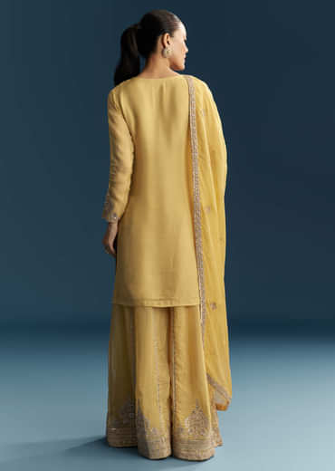 Yellow Organza Palazzo Suit With Zari And Mirror Embroidery