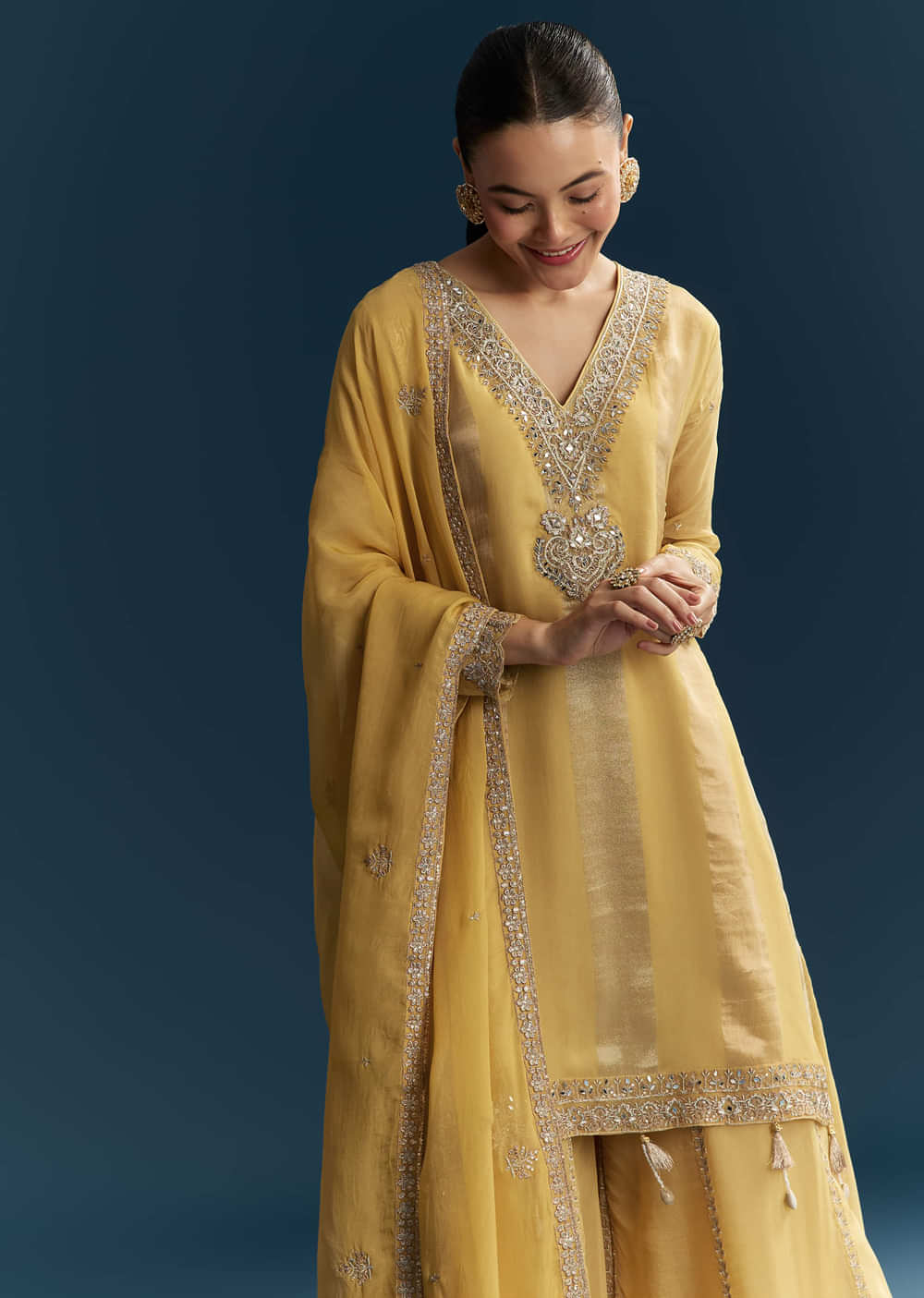 Yellow Organza Palazzo Suit With Zari And Mirror Embroidery