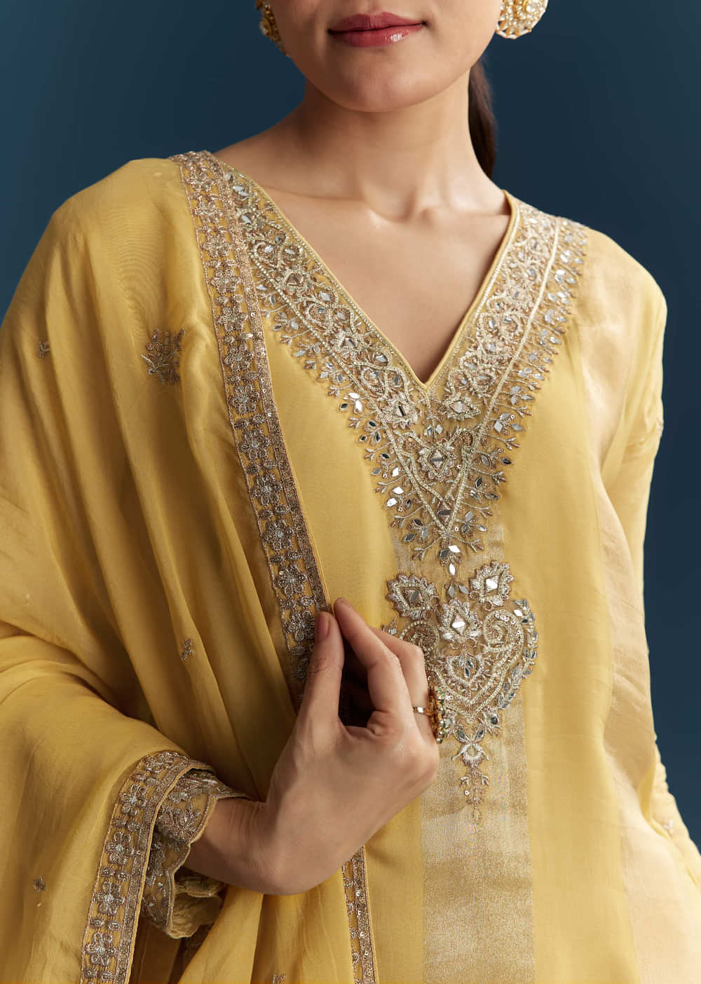 Yellow Organza Palazzo Suit With Zari And Mirror Embroidery