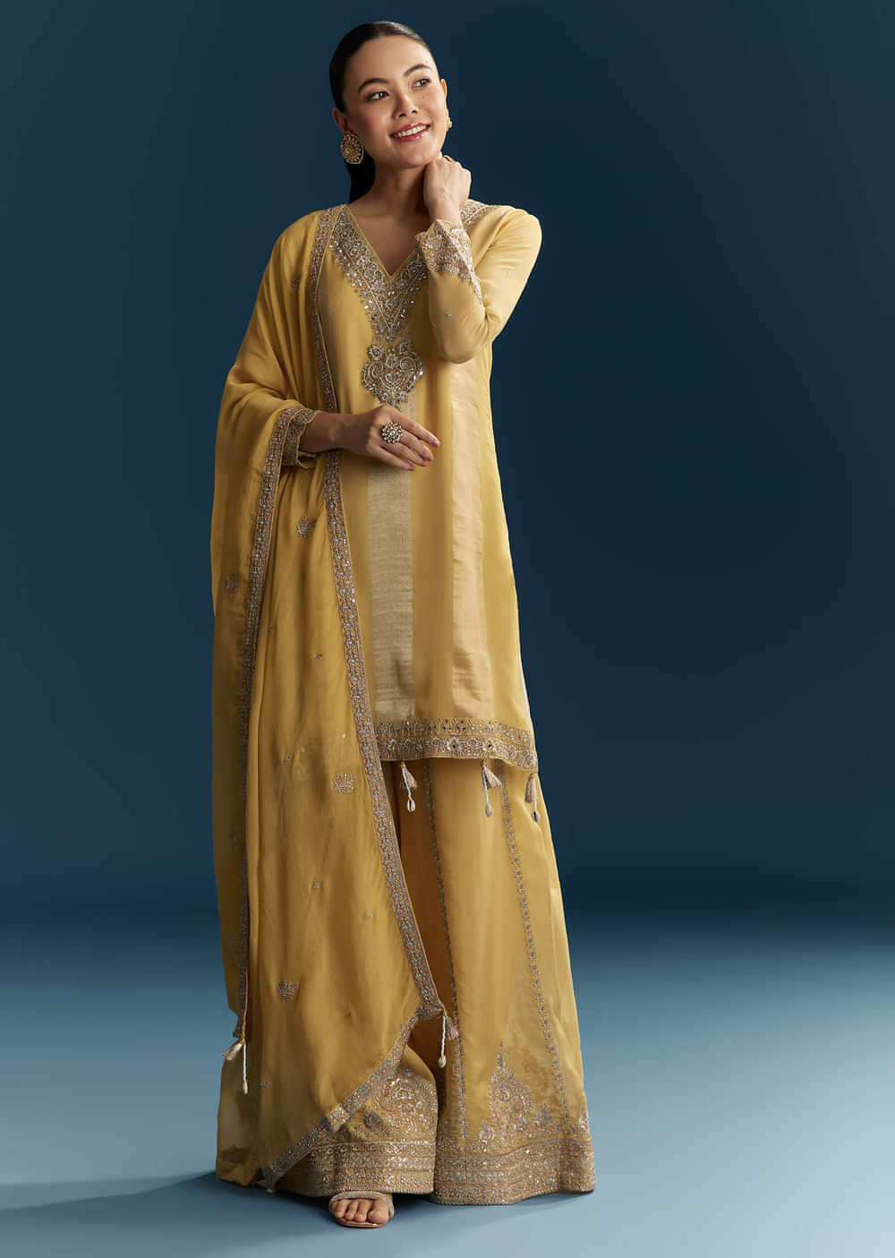 Yellow Organza Palazzo Suit With Zari And Mirror Embroidery