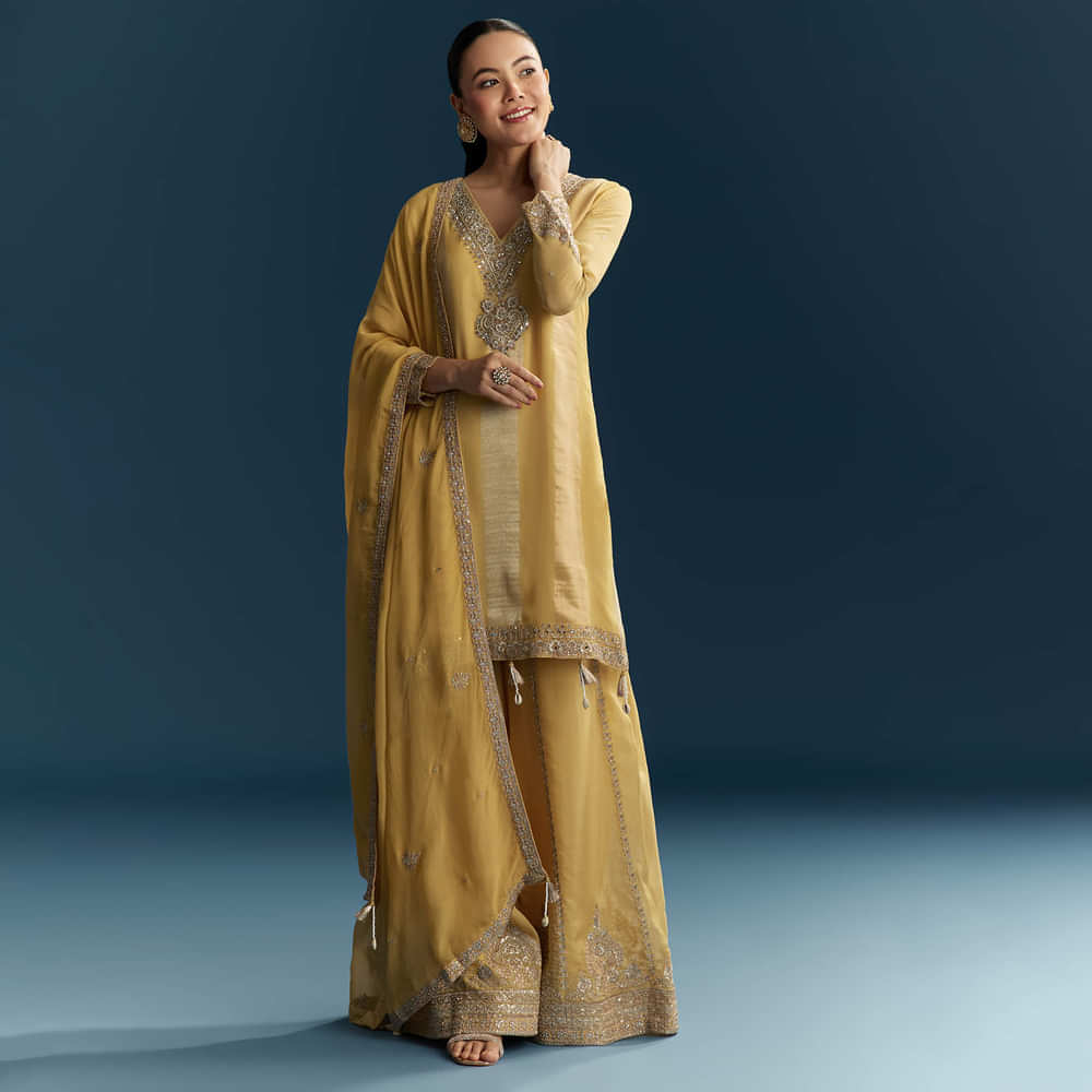Yellow Organza Palazzo Suit With Zari And Mirror Embroidery