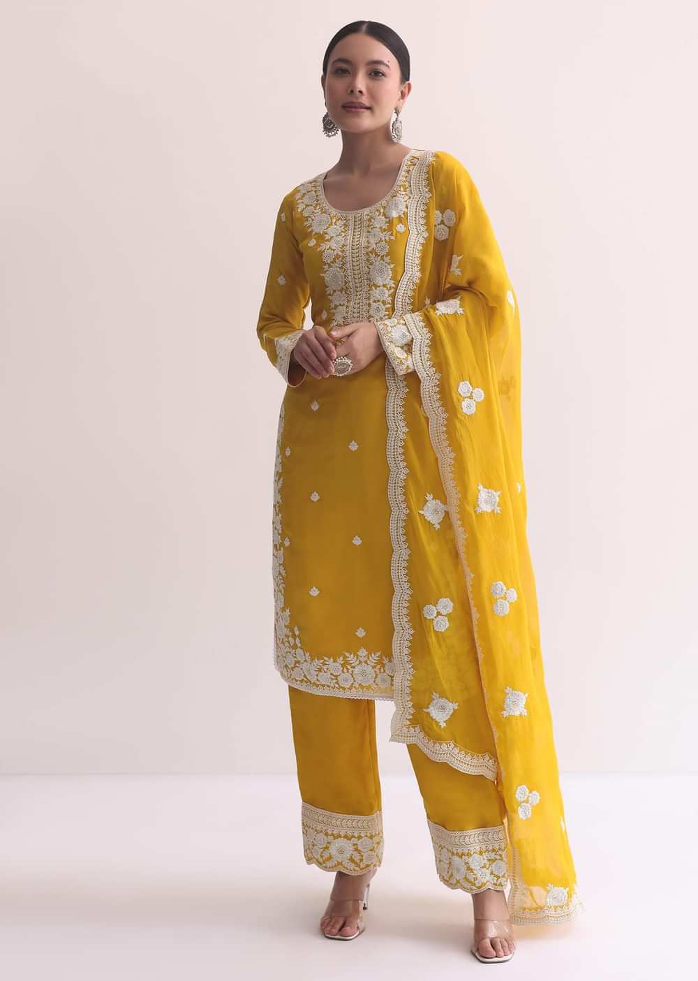 Yellow Organza Resham Threadwork Embroiderd Kurti Pant Set