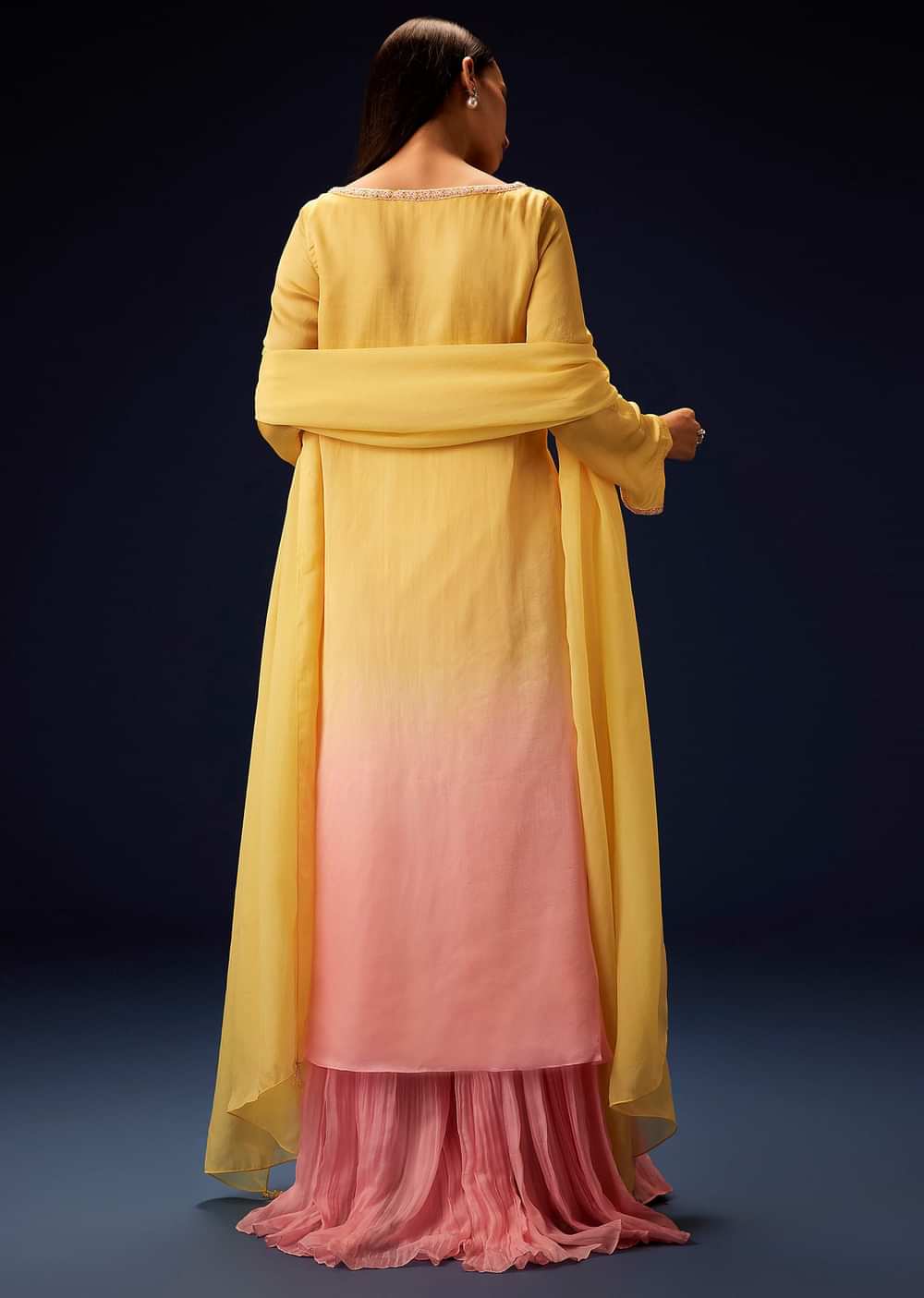 Yellow Orgnaza Kurta Palazzo Suit With Ruched Palazzo