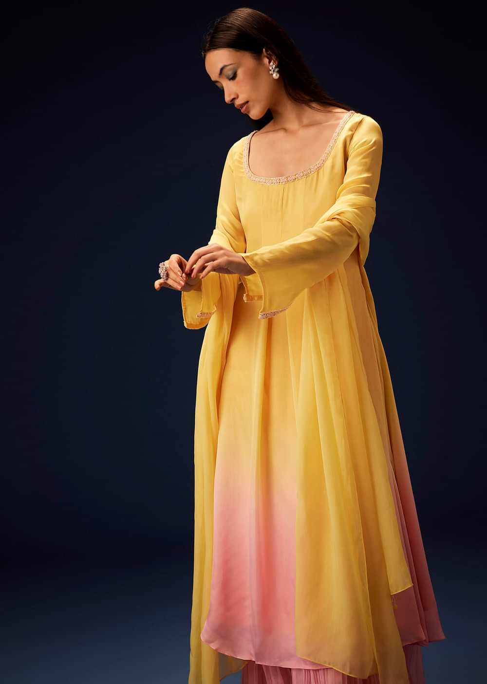 Yellow Orgnaza Kurta Palazzo Suit With Ruched Palazzo