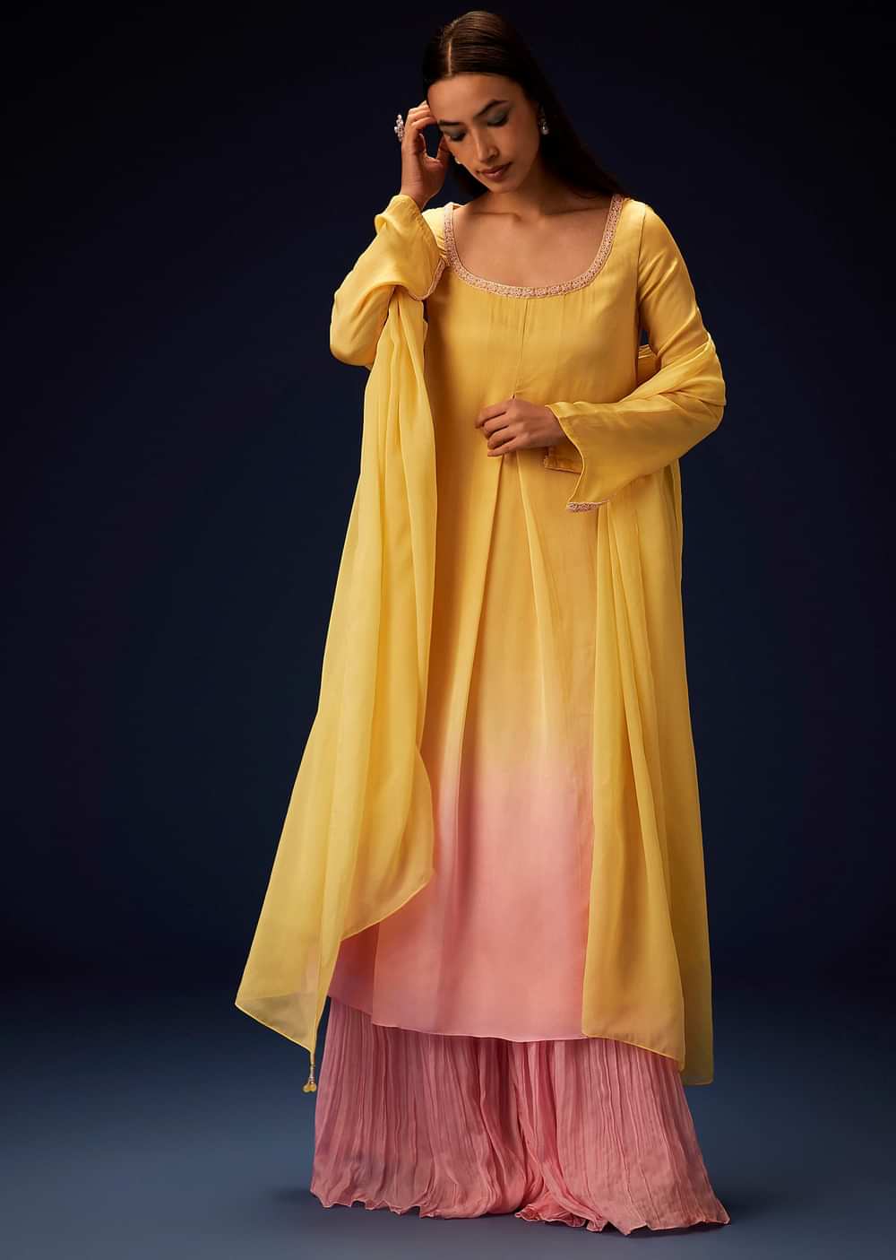 Yellow Orgnaza Kurta Palazzo Suit With Ruched Palazzo