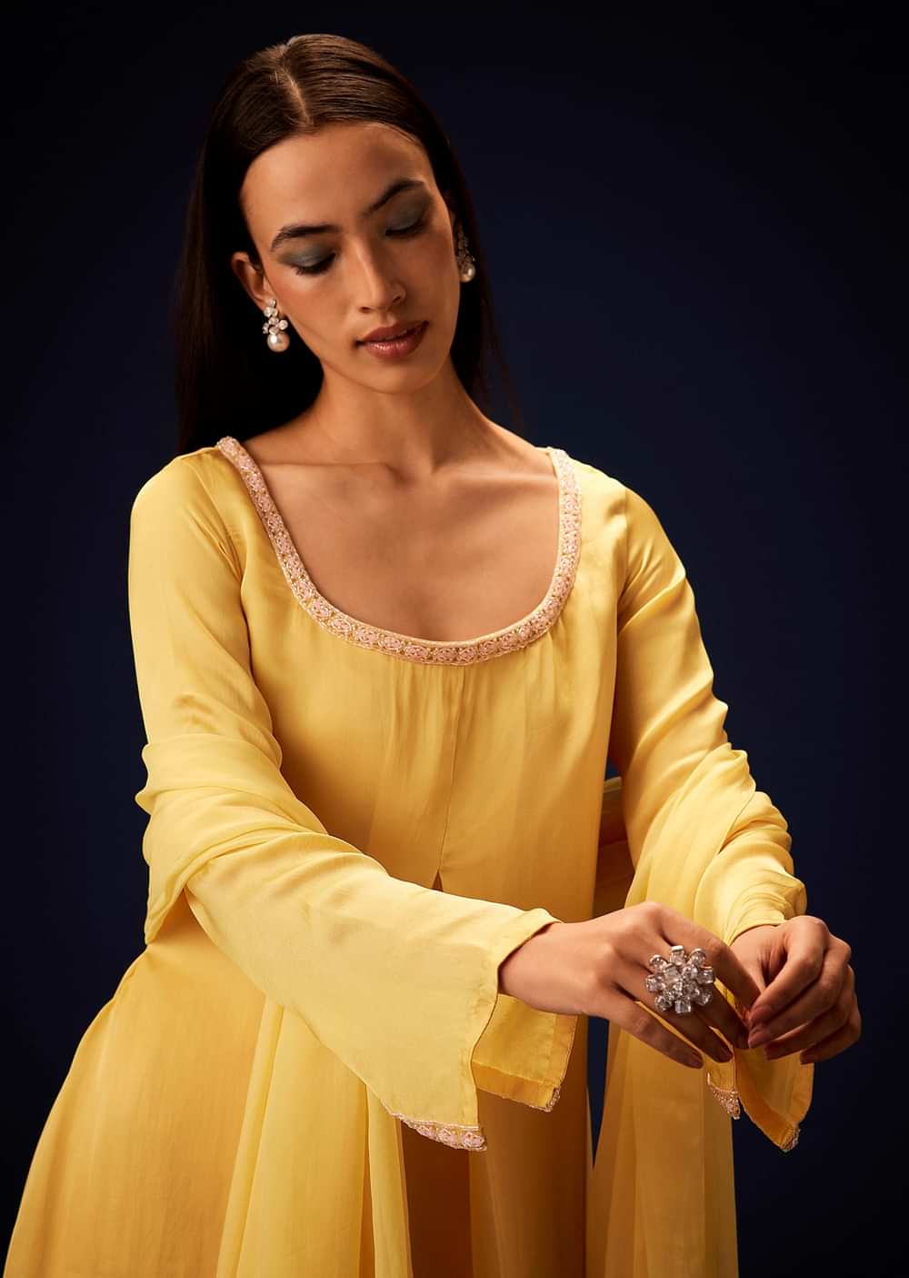 Yellow Orgnaza Kurta Palazzo Suit With Ruched Palazzo