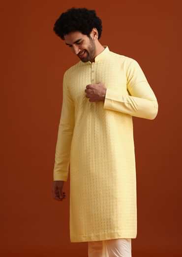 Yellow Poly Silk Quilted Kurta Set