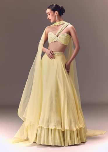 Yellow Pre-Pleated One Shoulder Blouse With Frill Lehenga And Choker Dupatta