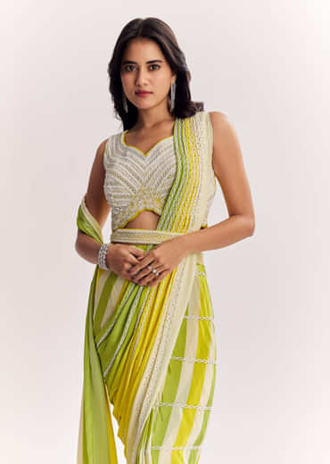 Yellow Pre Stitched Saree With Striped Print And Moti Cutdana Blouse