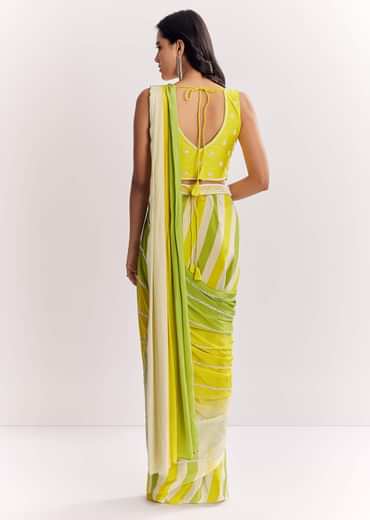 Yellow Pre Stitched Saree With Striped Print And Moti Cutdana Blouse