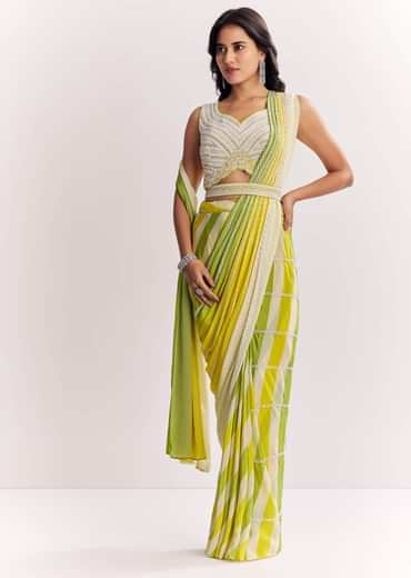 Yellow Pre Stitched Saree With Striped Print And Moti Cutdana Blouse