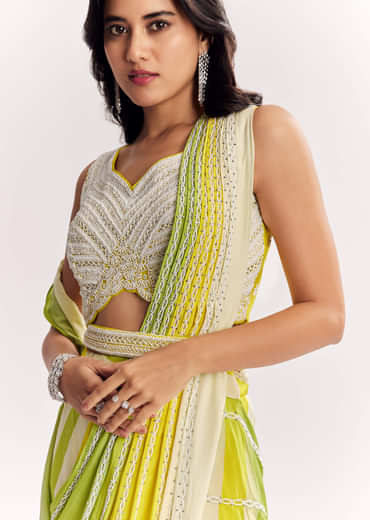 Yellow Pre Stitched Saree With Striped Print And Moti Cutdana Blouse