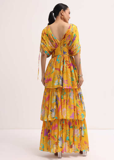 Yellow Printed Chiffon Gown
