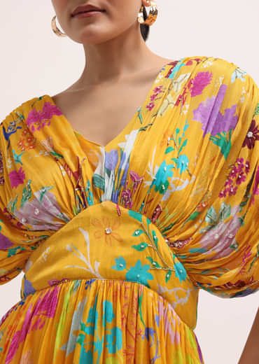 Yellow Printed Chiffon Gown
