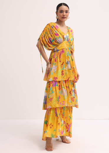 Yellow Printed Chiffon Gown