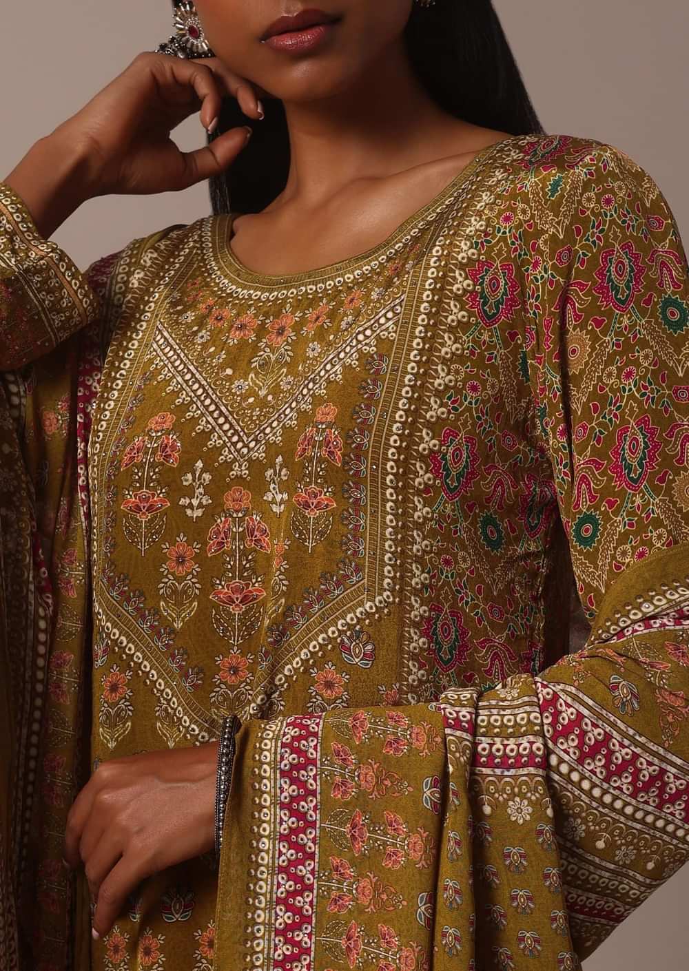 Yellow Printed Chiffon Sharara Set With Stone Work Kurta