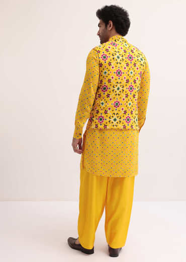 Yellow Patola Printed Kurta Jacket Set For Men