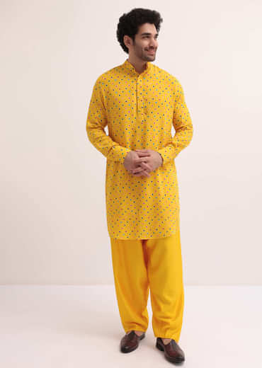 Yellow Patola Printed Kurta Jacket Set For Men