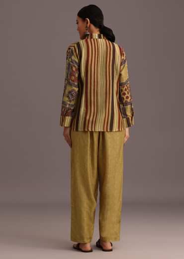 Yellow Printed Shirt Salwar Set With Embroidery