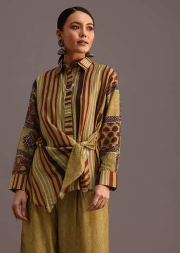 Yellow Printed Shirt Salwar Set With Embroidery