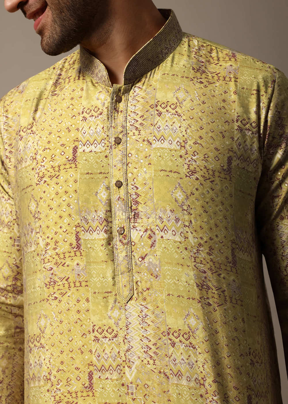 Yellow Printed Silk Kurta Set For Men