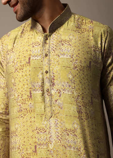 Yellow Printed Silk Kurta Set For Men