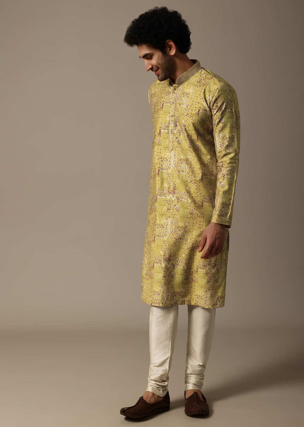 Yellow Printed Silk Kurta Set For Men
