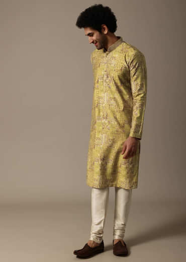 Yellow Printed Silk Kurta Set For Men