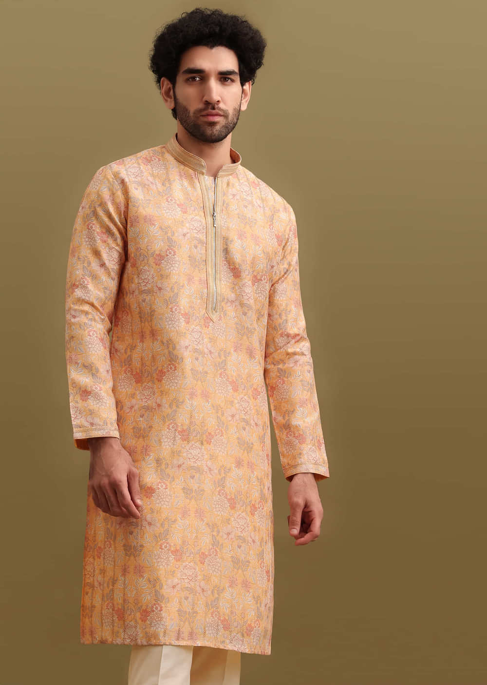 Yellow Printed Silk Zipper Kurta Set For Men
